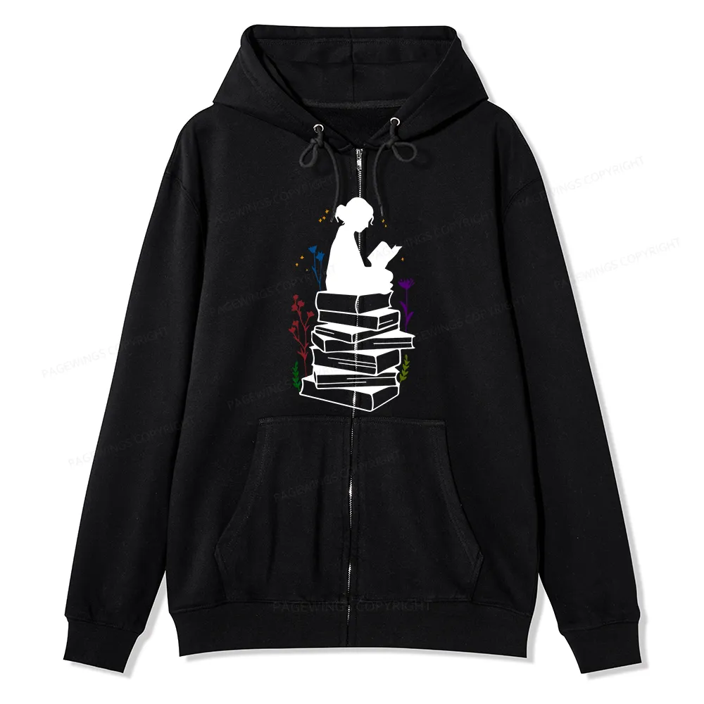 Pagewings Girl Reading Unisex Fleece Zip Up Hoodie
