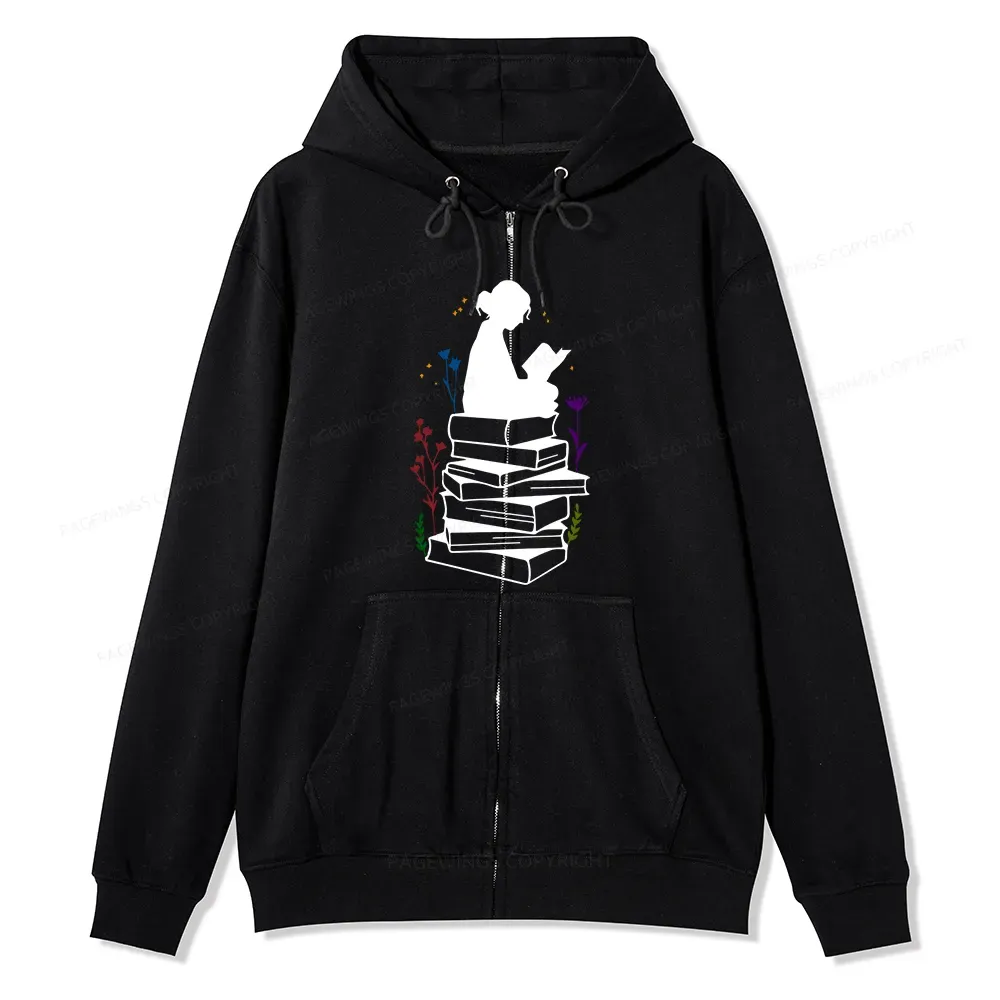 Pagewings Girl Reading Unisex Fleece Zip Up Hoodie