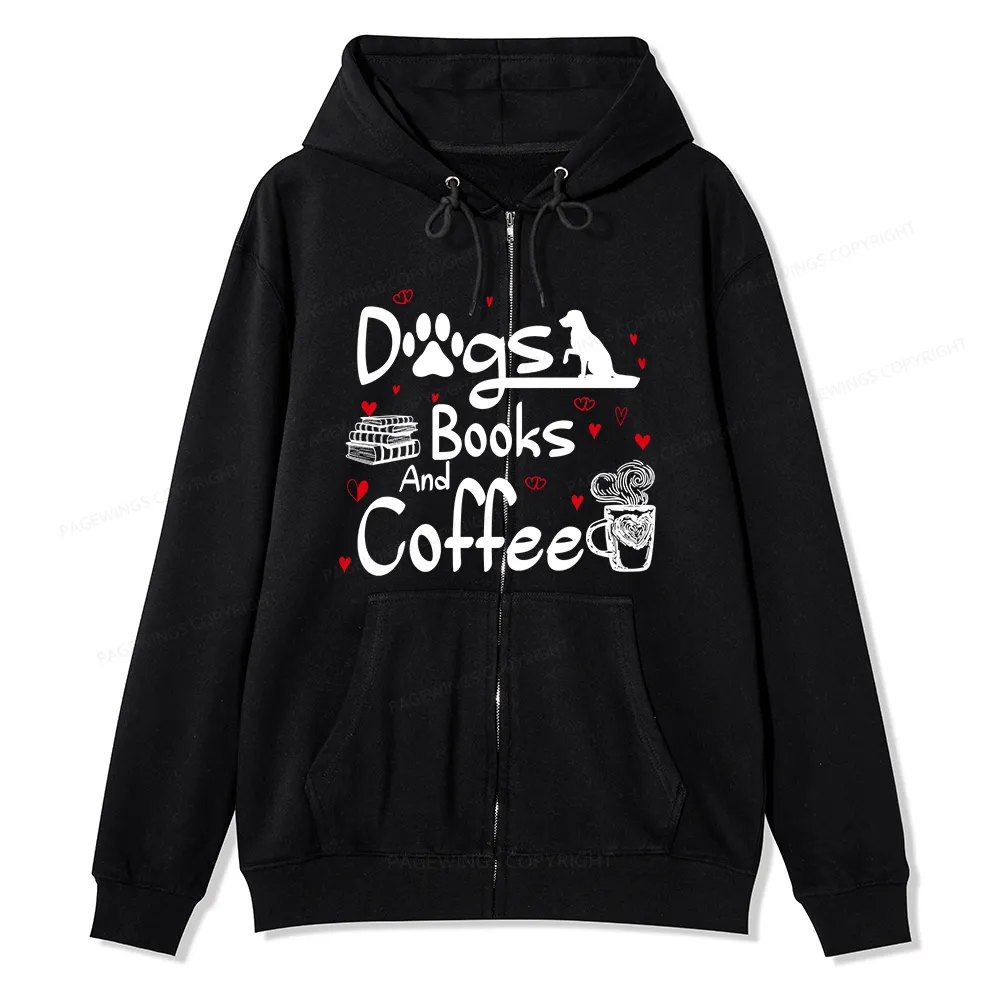 Pagewings Dogs Books And Coffee Unisex Fleece Zip Up Hoodie