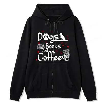 Pagewings Dogs Books And Coffee Unisex Fleece Zip Up Hoodie