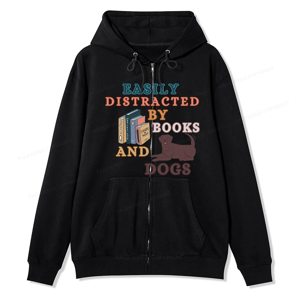 Pagewings Easily Distracted By Books And Labrador Unisex Fleece Zip Up Hoodie