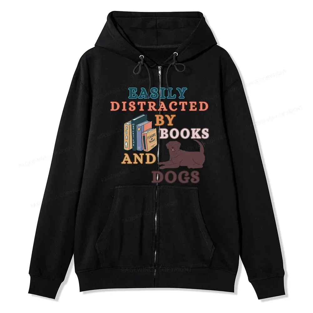 Pagewings Easily Distracted By Books And Labrador Unisex Fleece Zip Up Hoodie