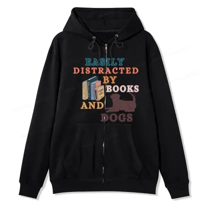 Pagewings Easily Distracted By Books And Labrador Unisex Fleece Zip Up Hoodie