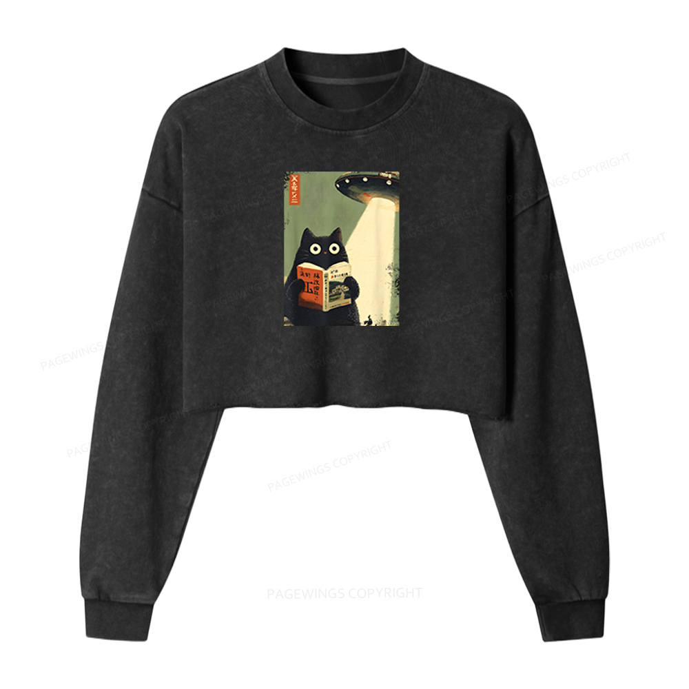 Pagewings Vintage Cat Book Lovers Washed Crop Sweatshirt