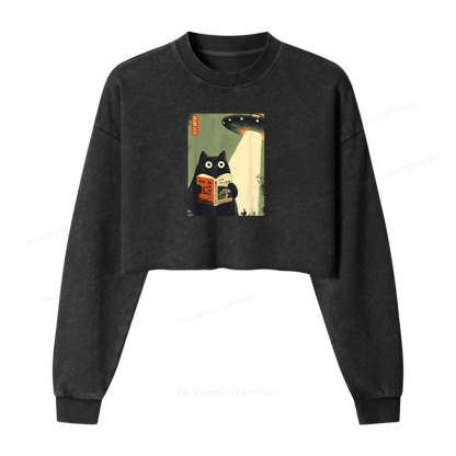 Pagewings Vintage Cat Book Lovers Washed Crop Sweatshirt