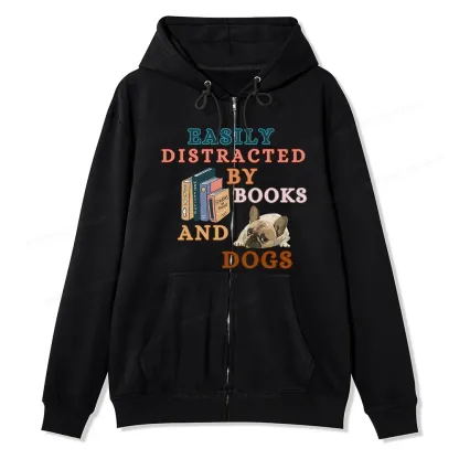 Pagewings Easily Distracted By Books And Dogs Unisex Fleece Zip Up Hoodie