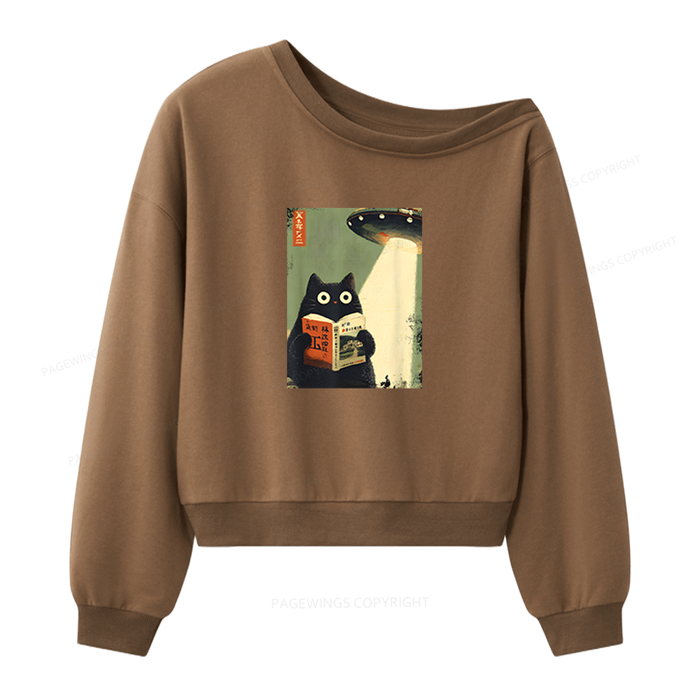 Pagewings Vintage Cat Book Lovers Women Off Shoulder Sweatshirt