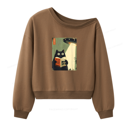 Pagewings Vintage Cat Book Lovers Women Off Shoulder Sweatshirt