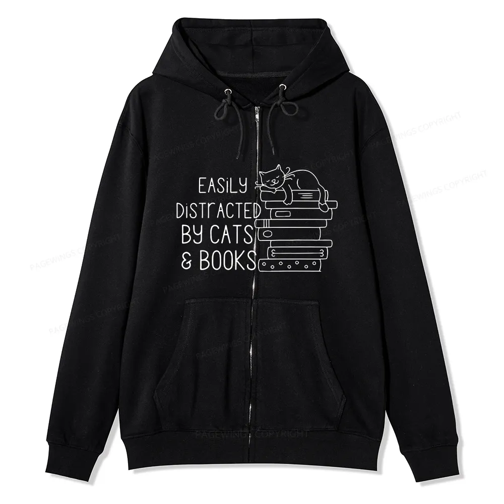 Pagewings Easily Distracted By Cats and Books Unisex Fleece Zip Up Hoodie