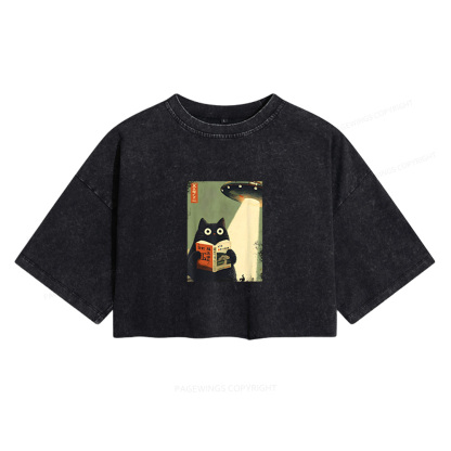 Pagewings Vintage Cat Book Lovers Women's Washed Cropped T-shirt