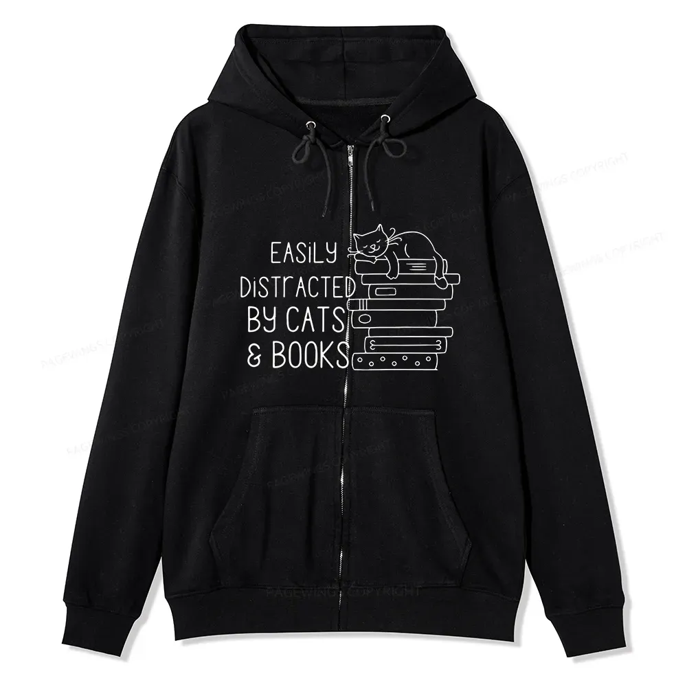 Pagewings Easily Distracted By Cats and Books Unisex Fleece Zip Up Hoodie