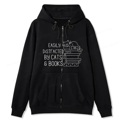 Pagewings Easily Distracted By Cats and Books Unisex Fleece Zip Up Hoodie