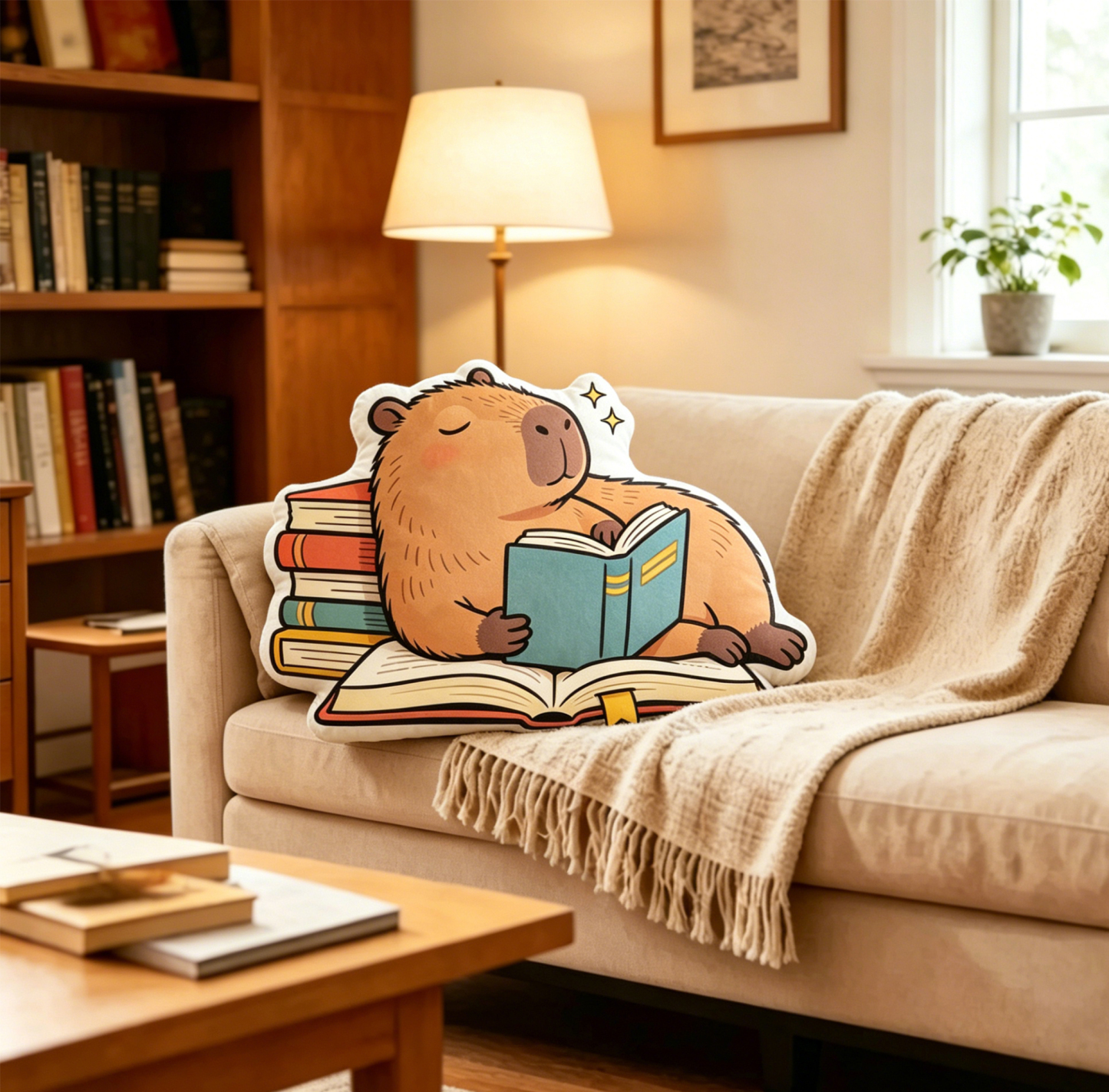 Pagewings Capybara Loves Reading Shaped Throw Pillow