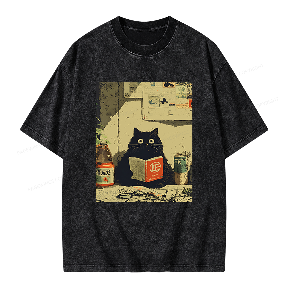 Pagewings Vintage Cat Book Unisex Washed T-shirt