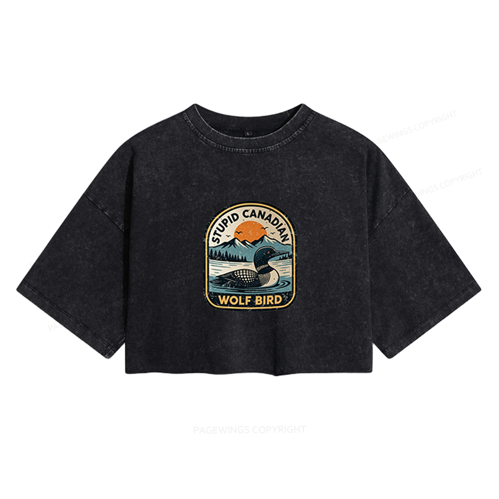 Pagewings Stupid Canadian Wolf Bird Women's Washed Cropped T-shirt