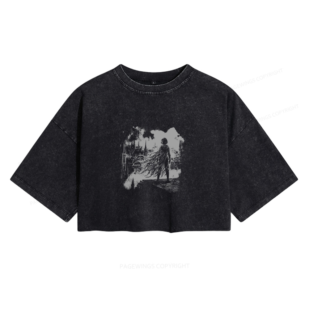 Pagewings Retro Fantasy Women's Washed Cropped T-shirt
