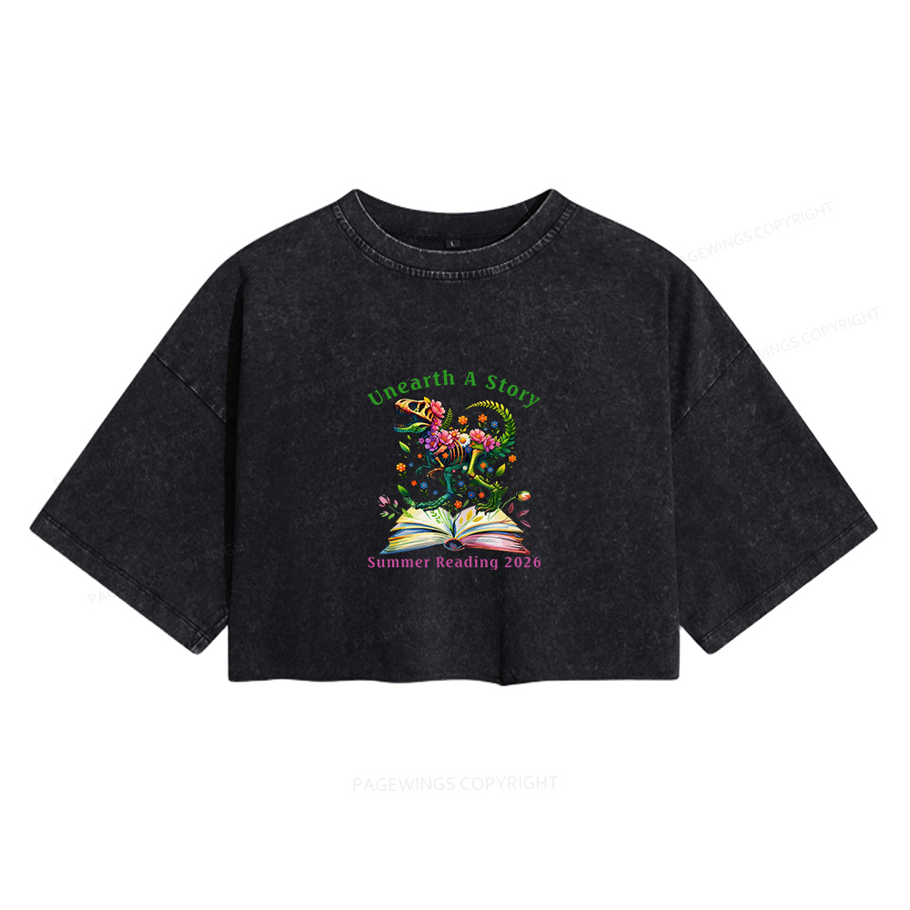 Pagewings Unearth A Story Summer Reading Women's Washed Cropped T-shirt