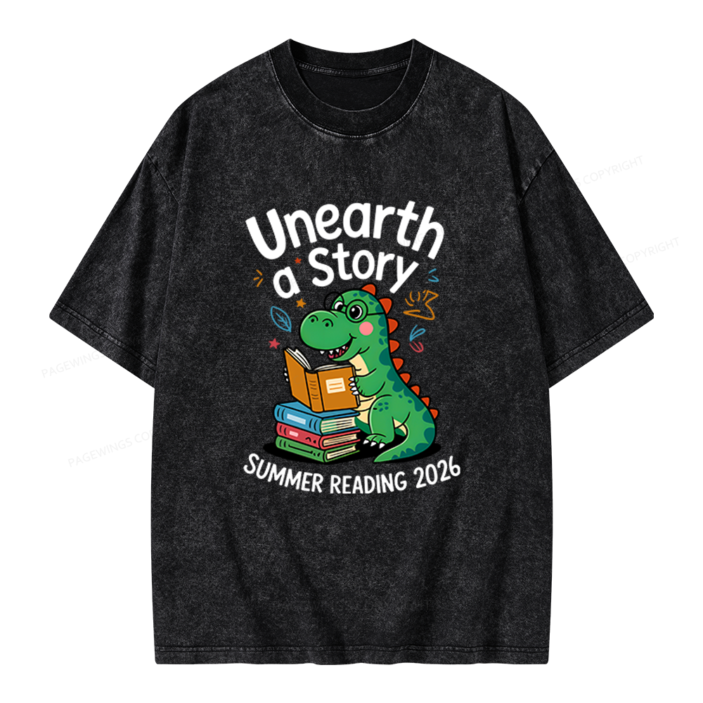 Pagewings Unearth a Story Dinosaur Summer Reading 2026 Unisex Washed T-shirt