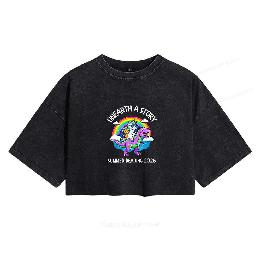 Pagewings Unearth A Story Summer Reading Women's Washed Cropped T-shirt