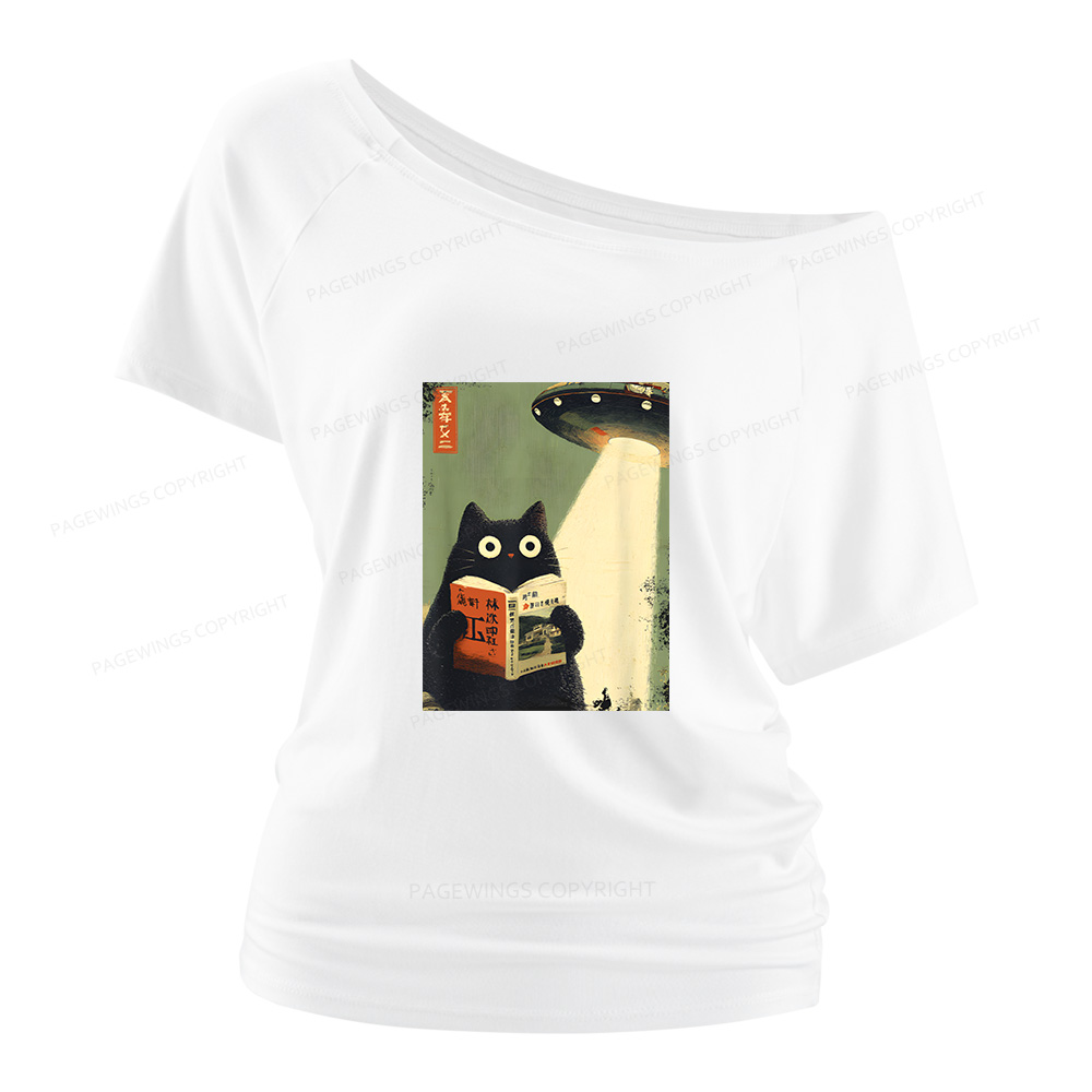 Pagewings Vintage Japanese Cat Book Lovers Women Off Shoulder T-shirts