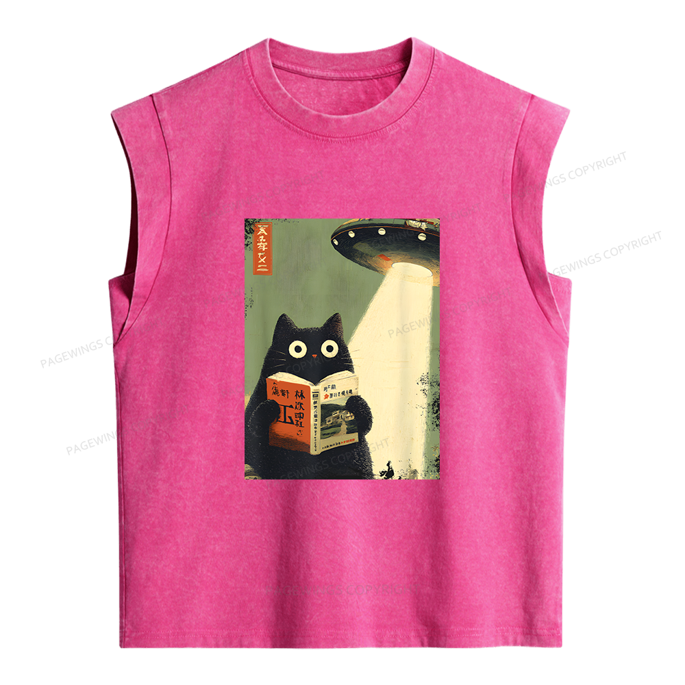 Pagewings Vintage Japanese Cat Book Lovers Women's Washed Tank Top