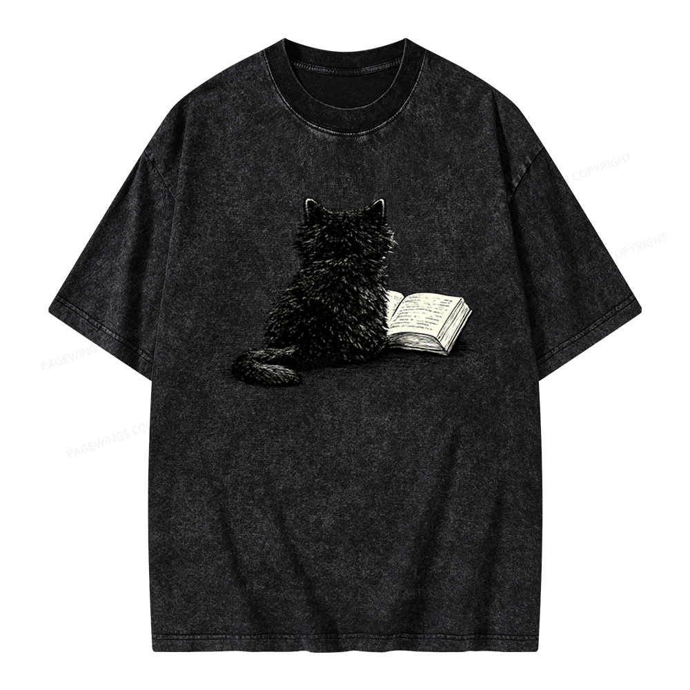 Pagewings Reading Cat Book Lover Unisex Washed T-shirt