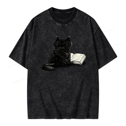 Pagewings Reading Cat Book Lover Unisex Washed T-shirt