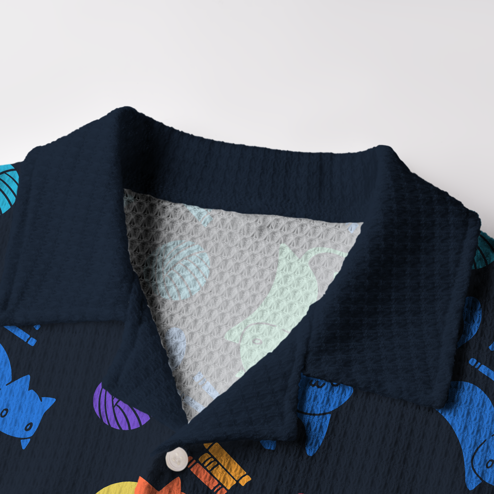 Pagewings Book Cat Lover Camp Collar Boxy Fit Unisex Crochet Shirt