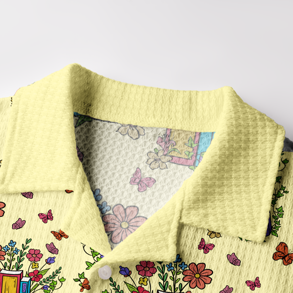 Pagewings Whimsical Bookshelf Floral Camp Collar Boxy Fit Unisex Crochet Shirt