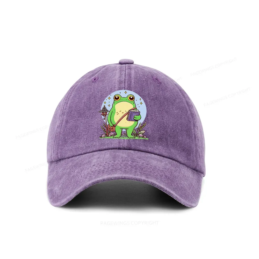 Pagewings Frog Reading Book Washed Cap