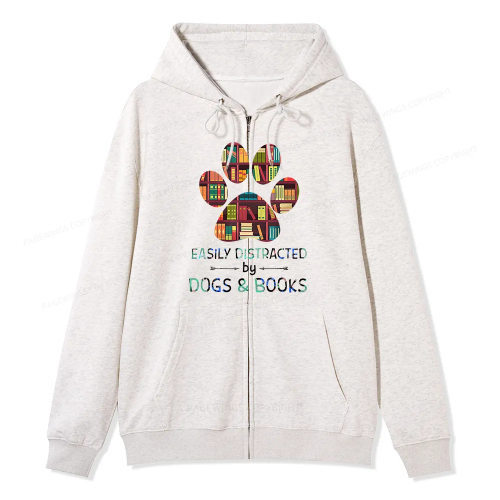 Pagewings Easily Distracted By Dogs And Books Unisex Fleece Zip Up Hoodie