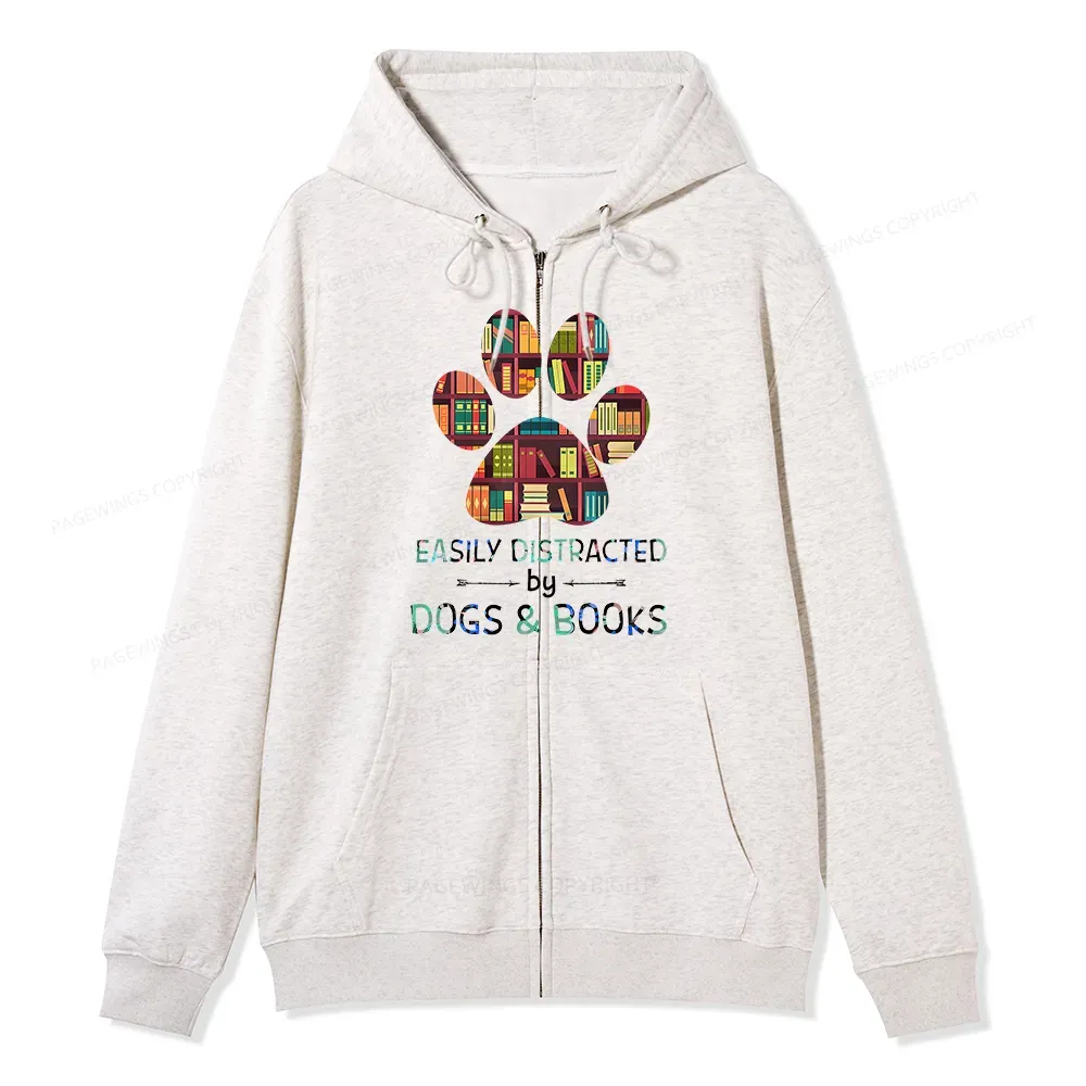 Pagewings Easily Distracted By Dogs And Books Unisex Fleece Zip Up Hoodie
