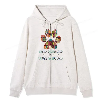 Pagewings Easily Distracted By Dogs And Books Unisex Fleece Zip Up Hoodie