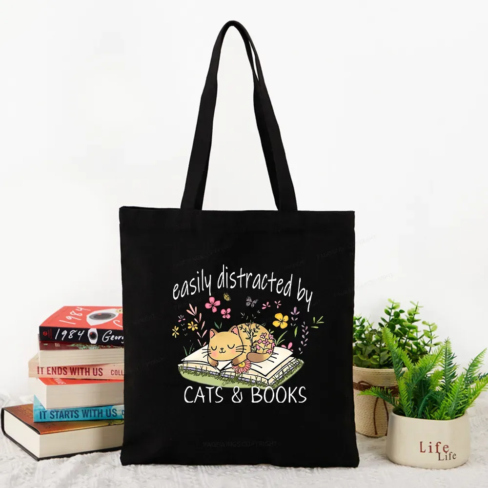 Pagewings Easily Distracted By Cats And Books Tote Bag