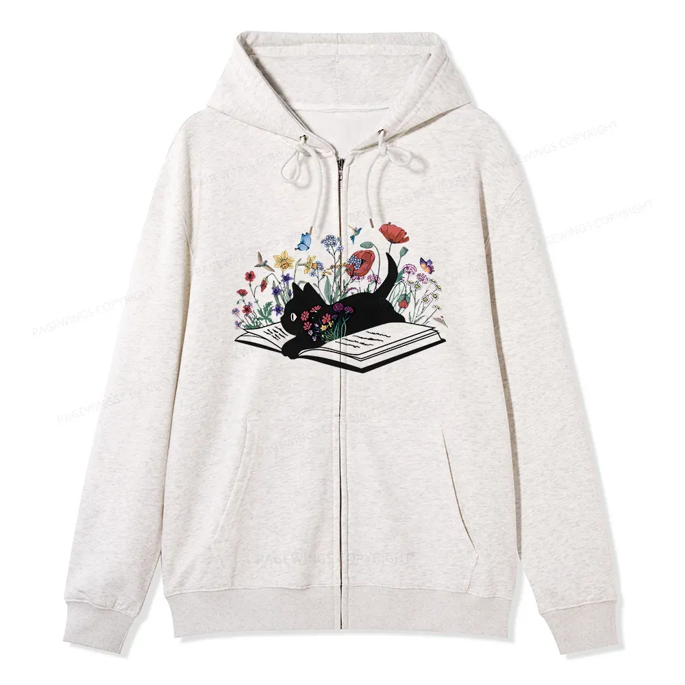 Pagewings Cute Book Cat Unisex Fleece Zip Up Hoodie
