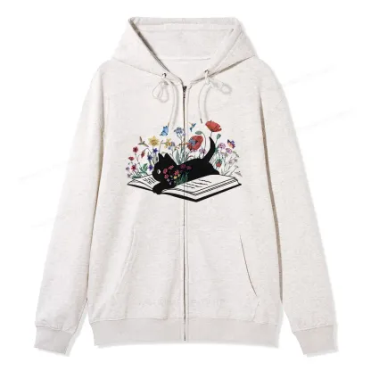 Pagewings Cute Book Cat Unisex Fleece Zip Up Hoodie