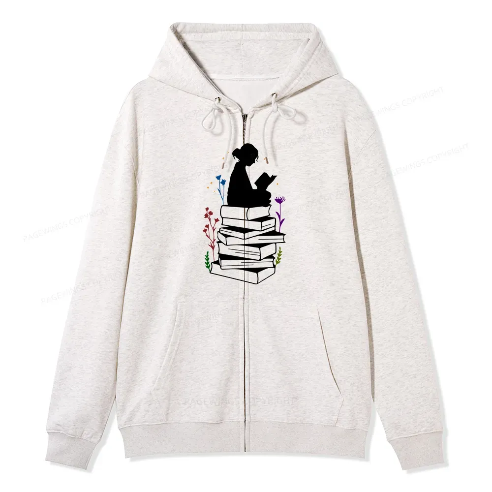Pagewings Girl Reading Unisex Fleece Zip Up Hoodie