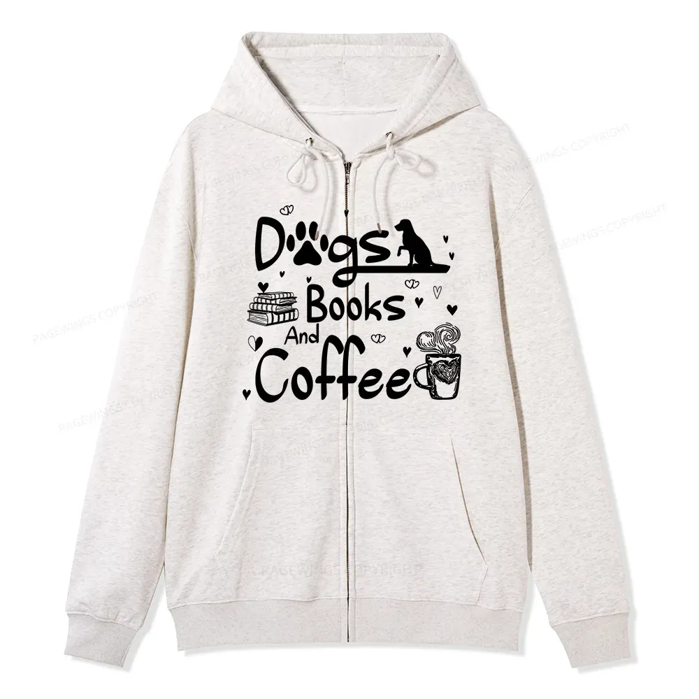 Pagewings Dogs Books And Coffee Unisex Fleece Zip Up Hoodie