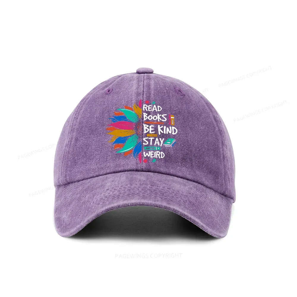 Pagewings Read Books Be Kind Stay Weird on Backpack Washed Cap