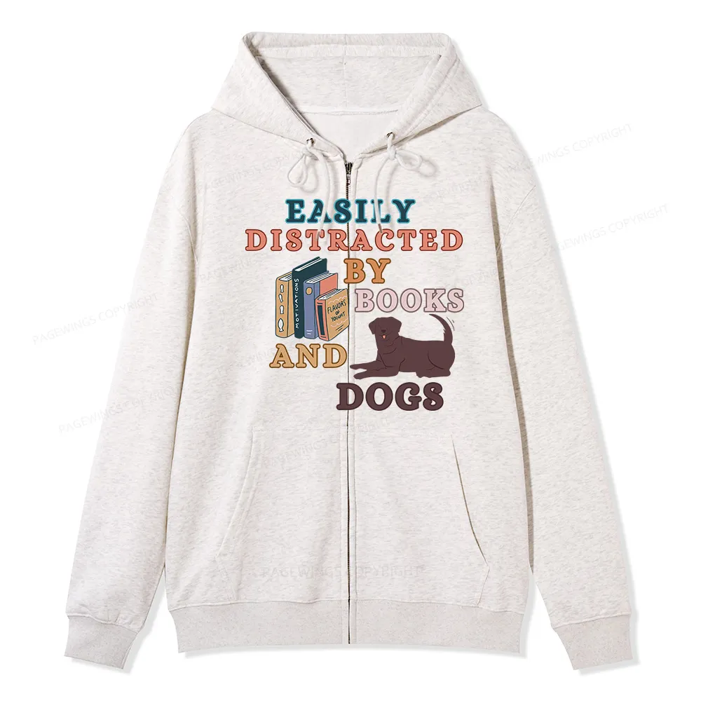 Pagewings Easily Distracted By Books And Labrador Unisex Fleece Zip Up Hoodie