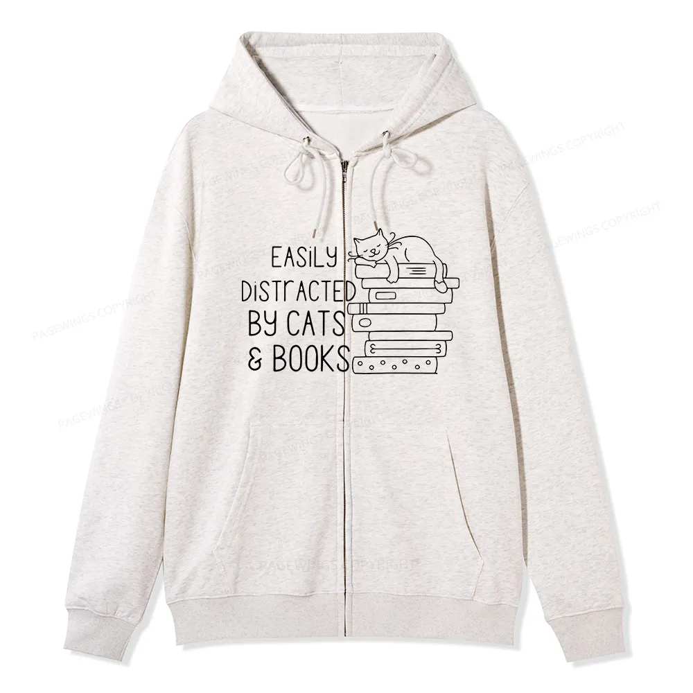 Pagewings Easily Distracted By Cats and Books Unisex Fleece Zip Up Hoodie