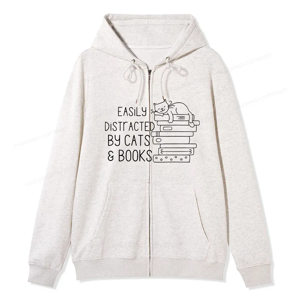 Pagewings Easily Distracted By Cats and Books Unisex Fleece Zip Up Hoodie