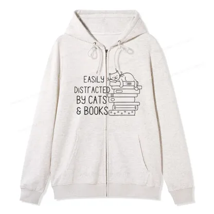 Pagewings Easily Distracted By Cats and Books Unisex Fleece Zip Up Hoodie