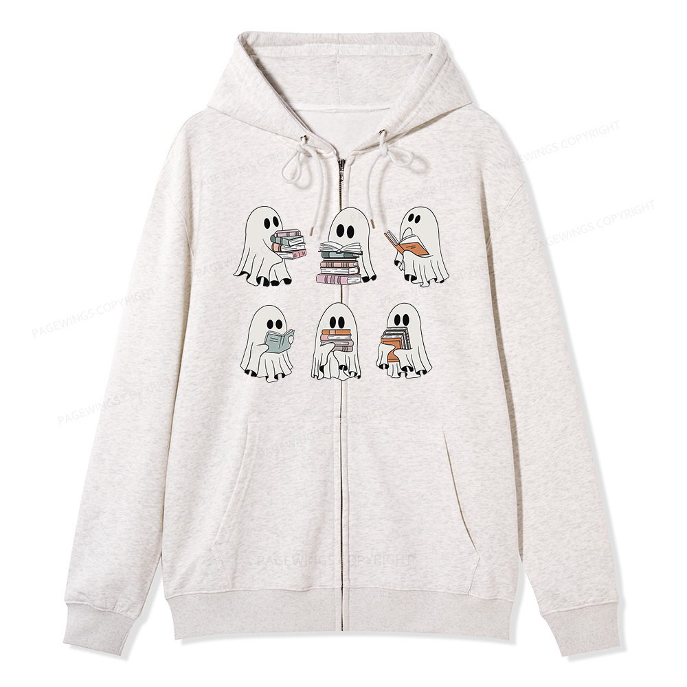 Pagewings Ghost Reading Halloween Unisex Fleece Zip Up Hoodie