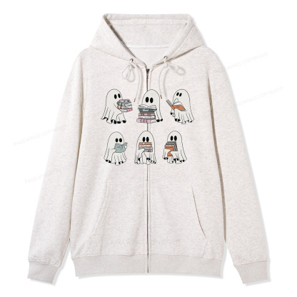 Pagewings Ghost Reading Halloween Unisex Fleece Zip Up Hoodie