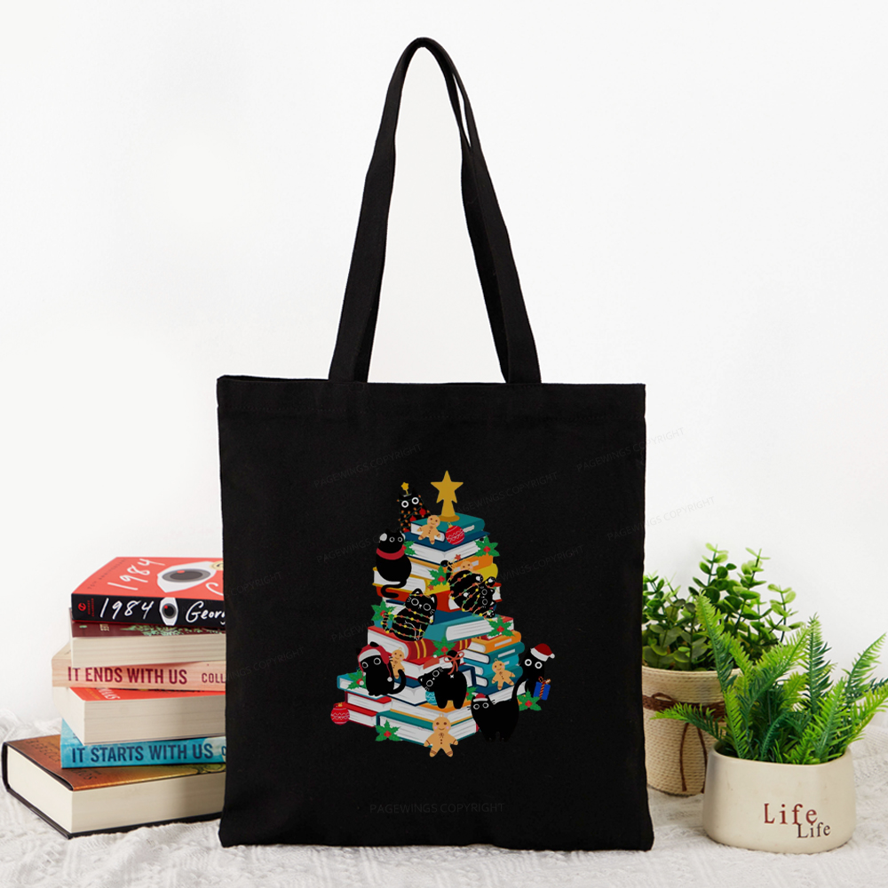 Pagewings Cute Cats Books Christmas Tree Tote Bag