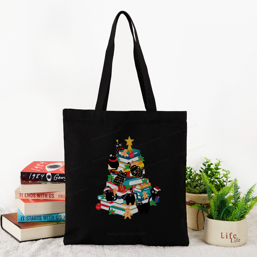 Pagewings Cute Cats Books Christmas Tree Tote Bag