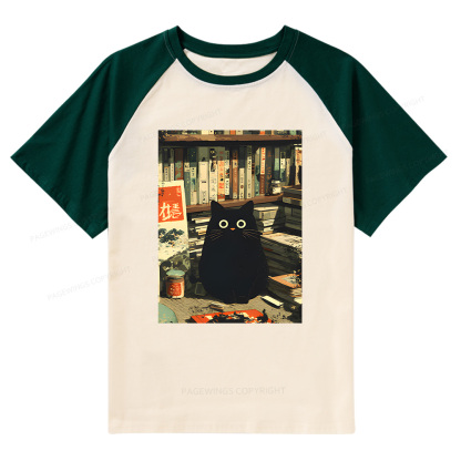 Pagewings Vintage Japanese Cat Book Lovers Raglan T-shirt