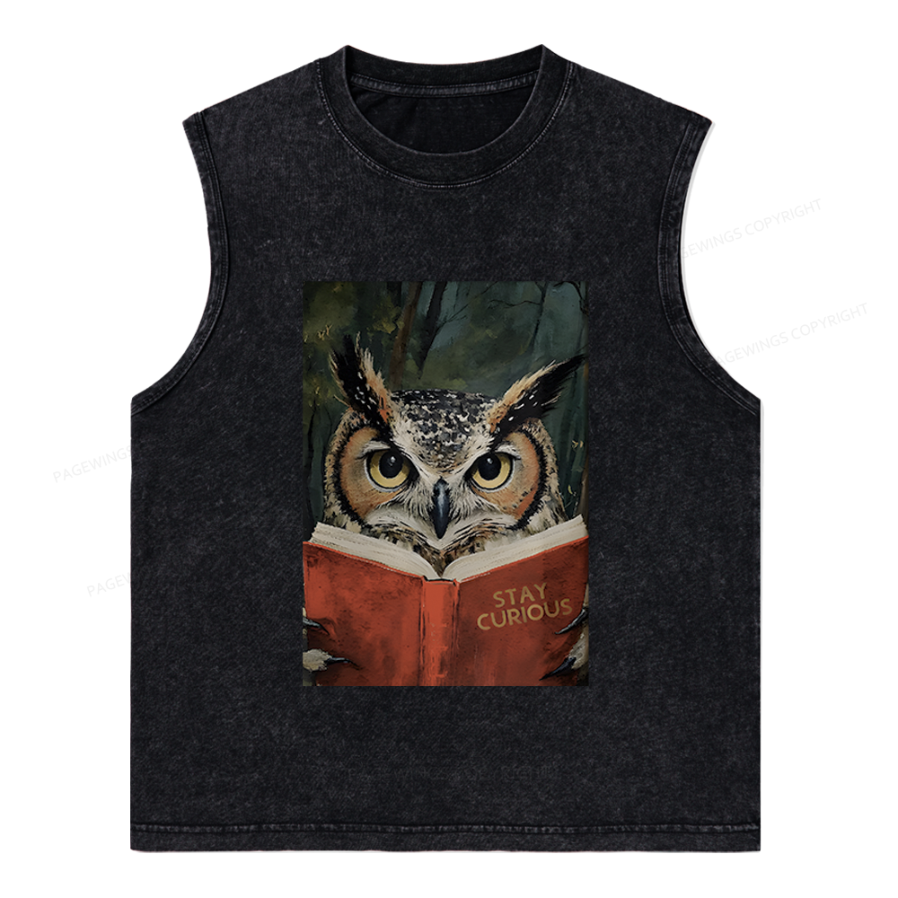 Pagewings Owl Reading Unisex Washed Tank Top