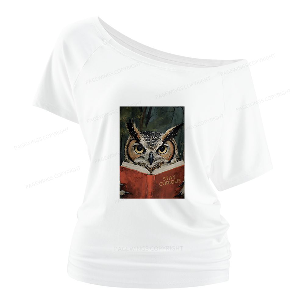Pagewings Owl Reading Women Off Shoulder T-shirts
